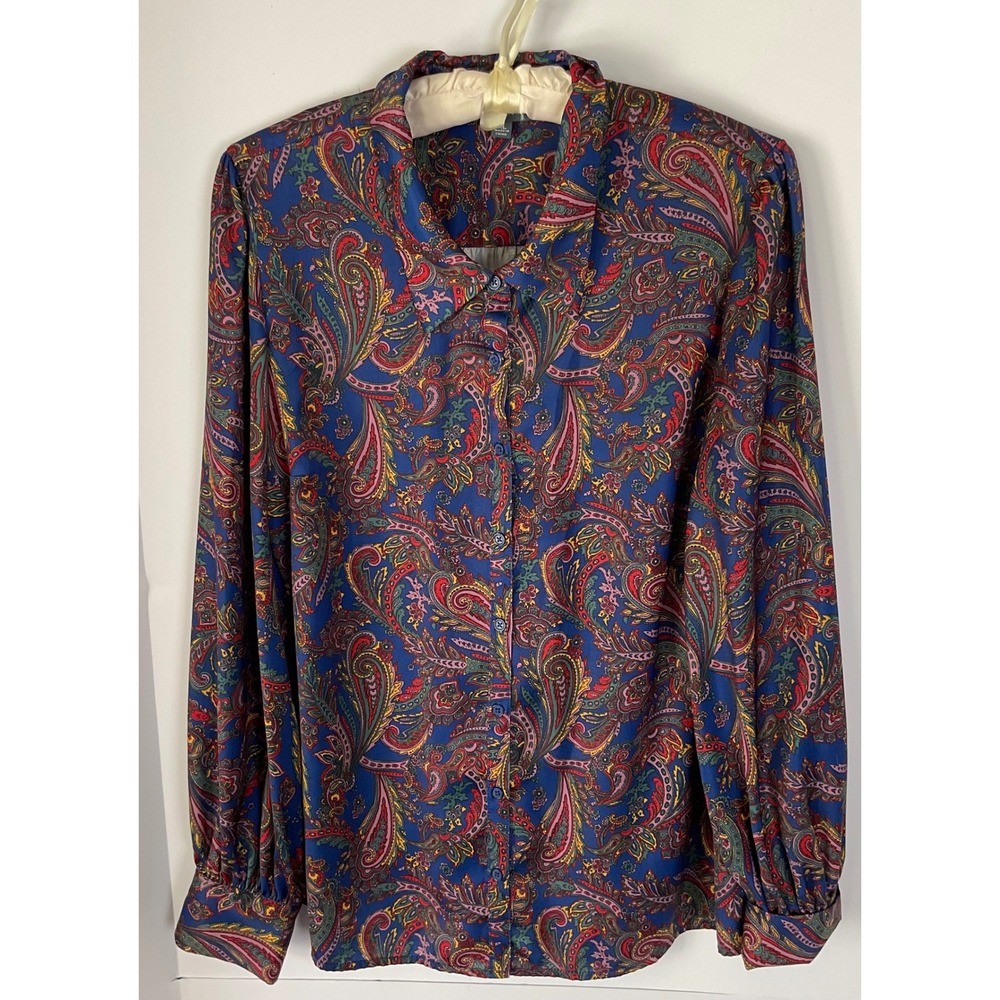 ModCloth Blue Paisley Button Down Blouse Long Sleeve Collared Top XL Multi Color